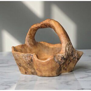 Hand Carved Burl Wood Bowl, Wood Basket, Knobby Wood Handled 8” x 10" x 11"